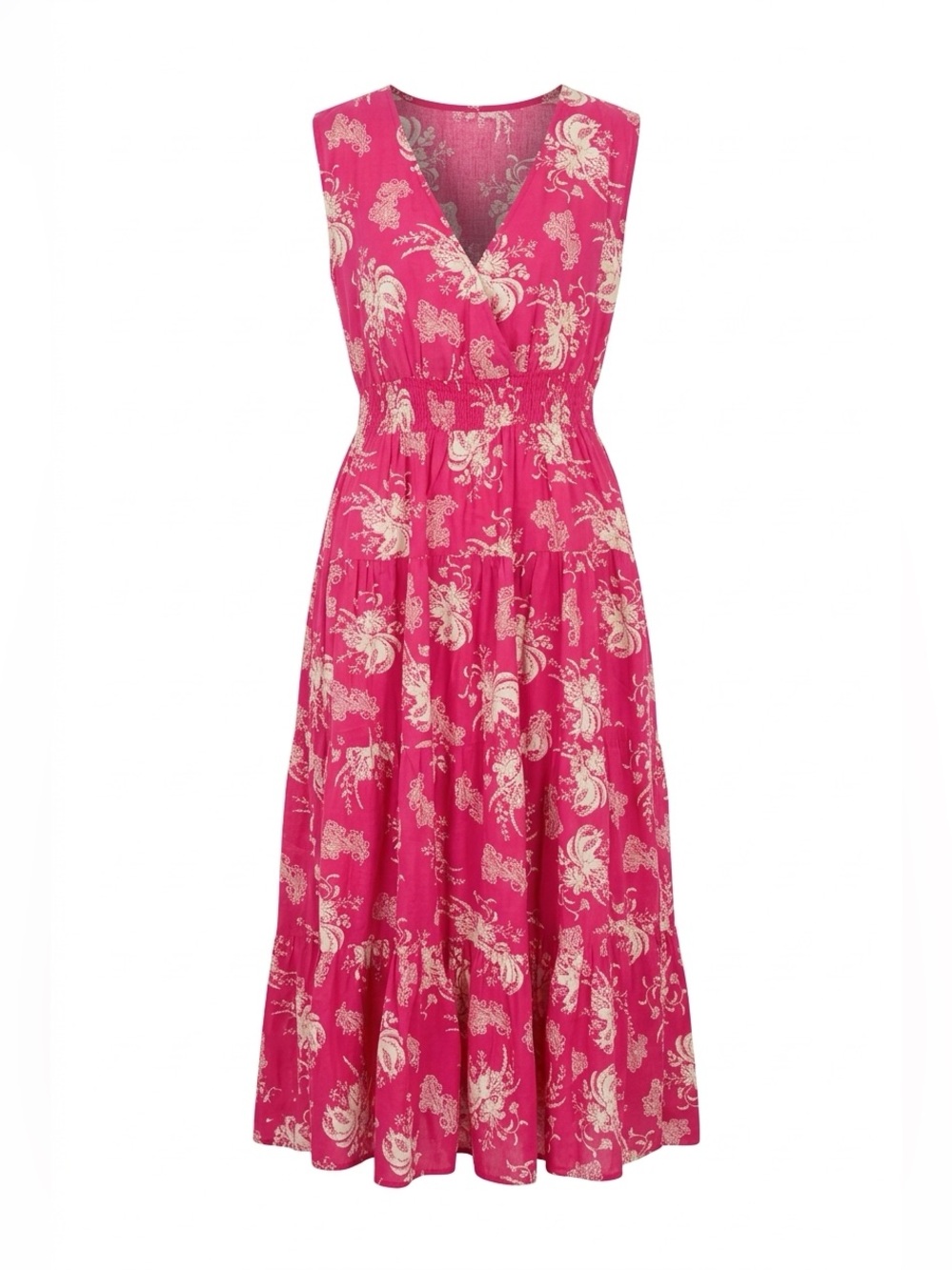 Sleeveless V-Neck Maxi Dress in Fuchsia with Cream Floral Print
